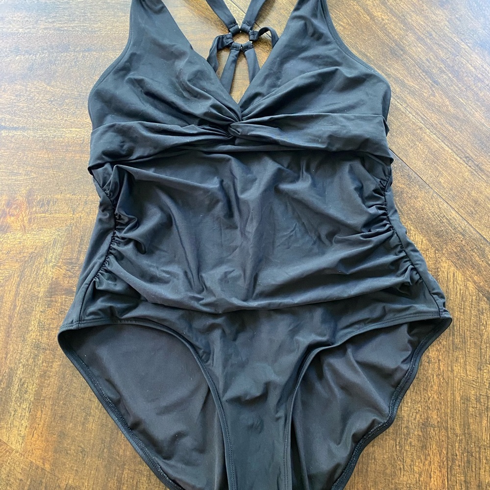 Calvin Klein Black ruched One Piece Swimsuit with V-Neck Halter